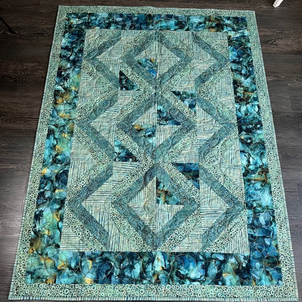 Handcrafted NEW Geometric Quilted Throw Blanket 60x44 Batik Ocean Celestial Art